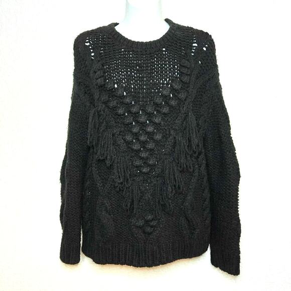 Zara Black Oversized Chunky Knit Fringe Crewneck Pullover Pompom Sweater Size S - Picture 2 of 5